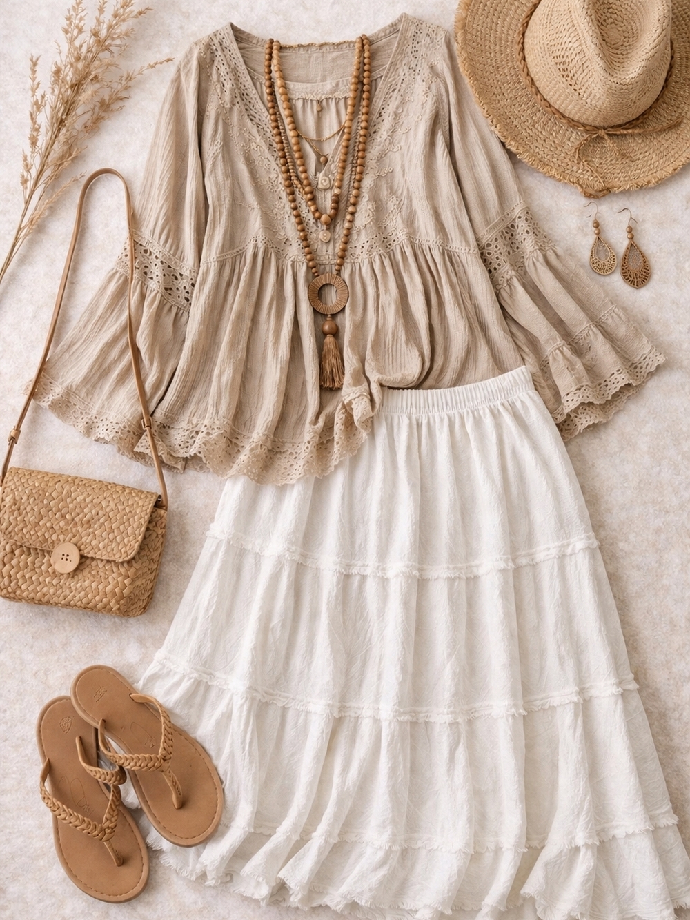 Color Me Cotton White Tiered Boho Skirt Made USA L